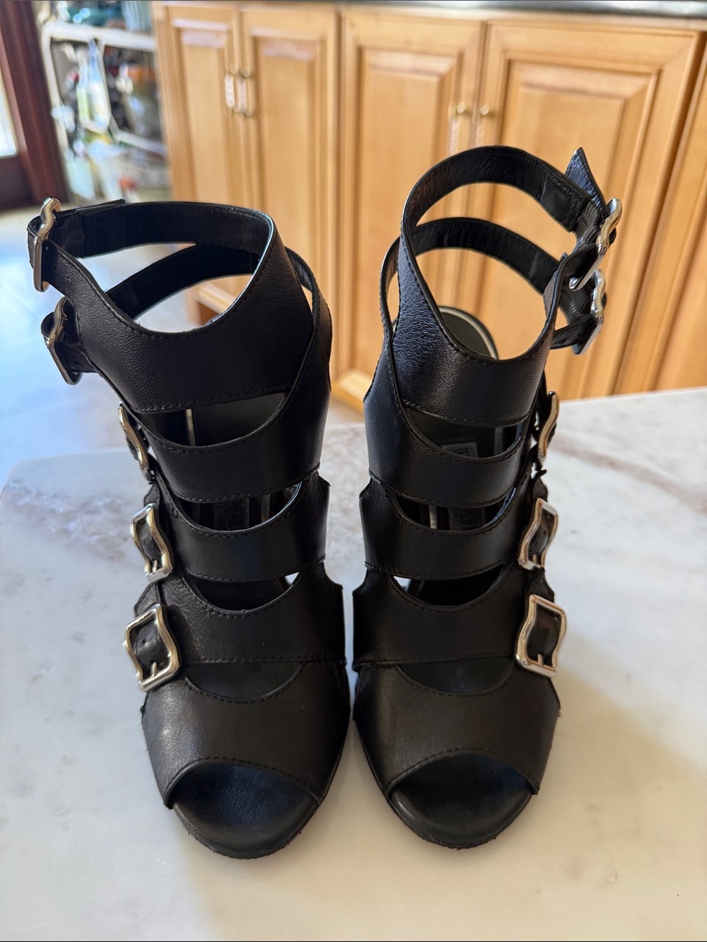 Balmain Black Multi-Buckle Strappy Peep-Toe Heels